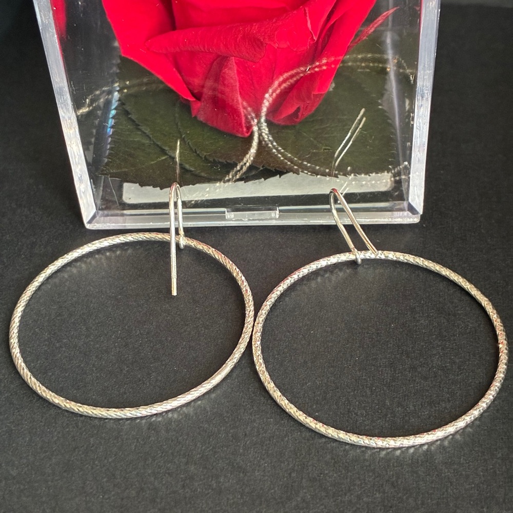 925 Silver Earrings,Textured Silver Hoop Drop Earrings for Women